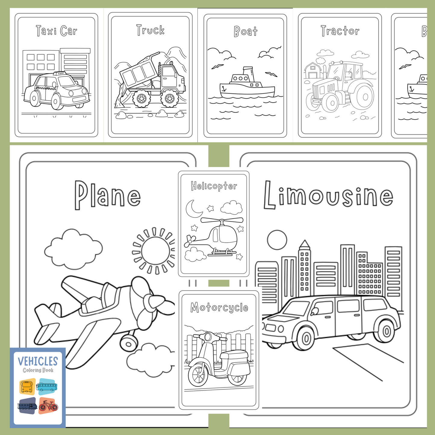 Coloring book page with various vehicles to color on a green border.