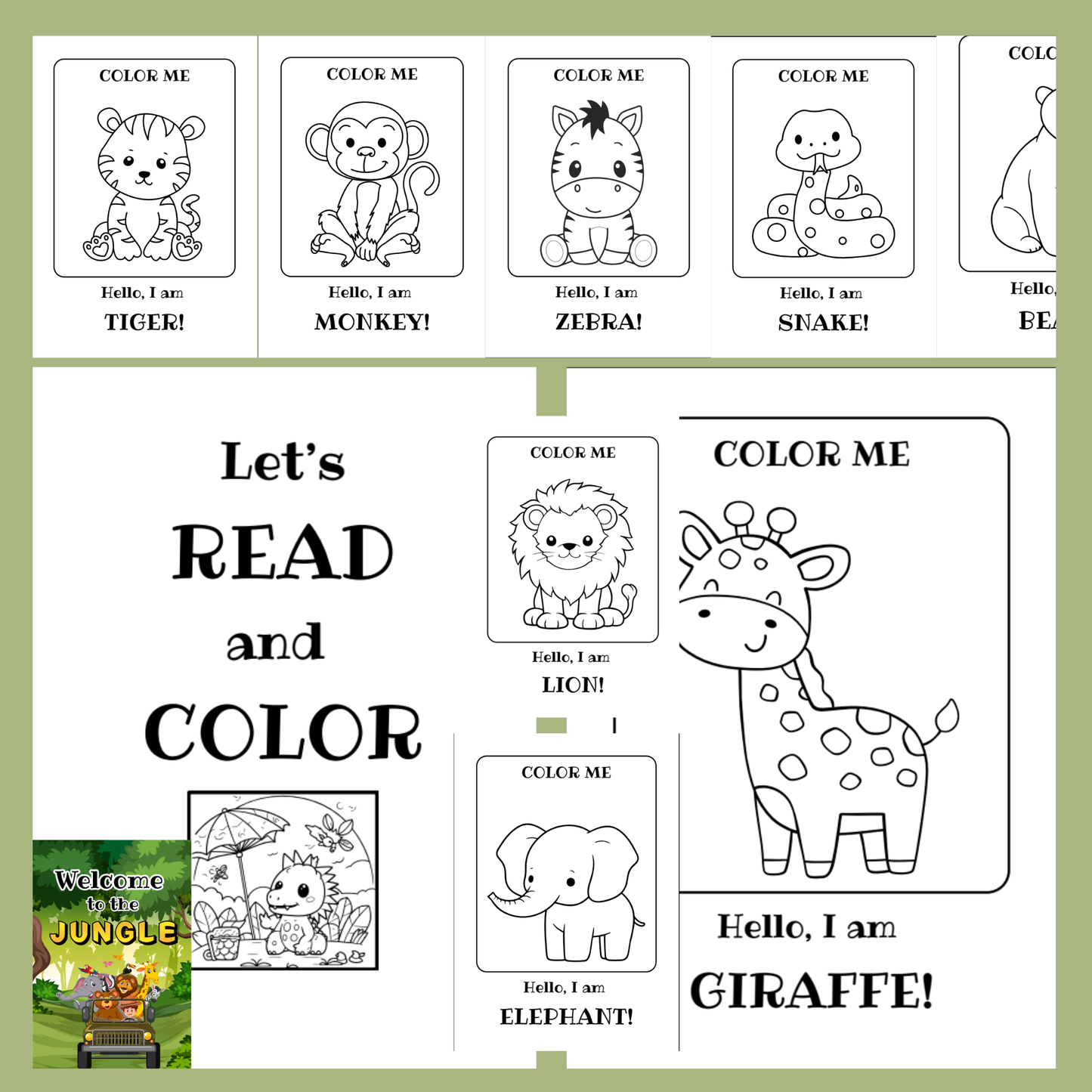 Coloring book with jungle animals and text prompts on a green background