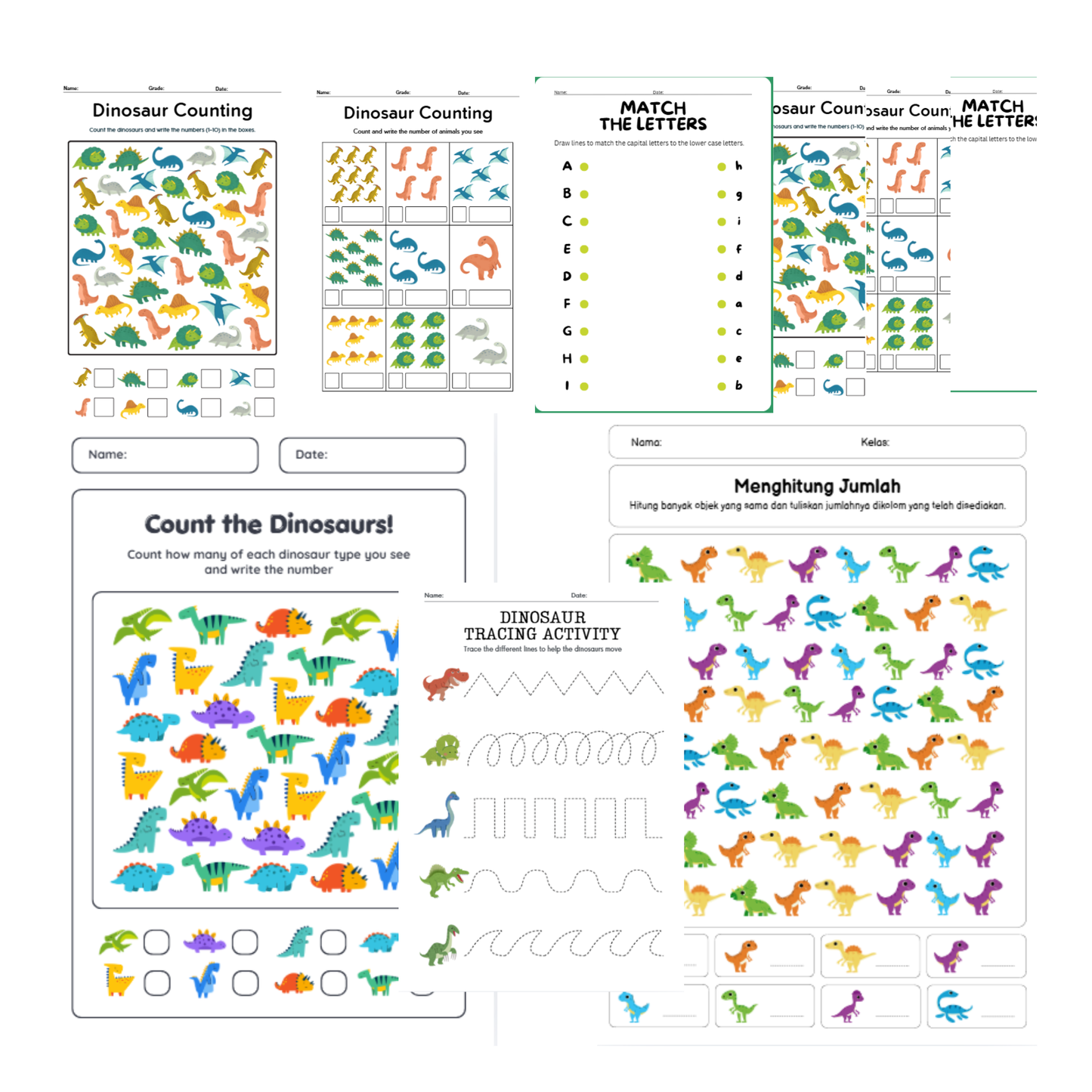 Colorful dinosaur counting worksheet with matching activities for kids