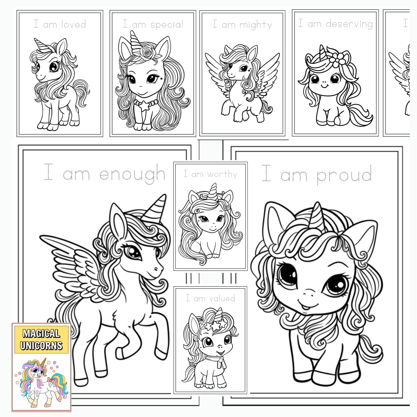 Coloring pages with cartoon unicorns and motivational phrases.