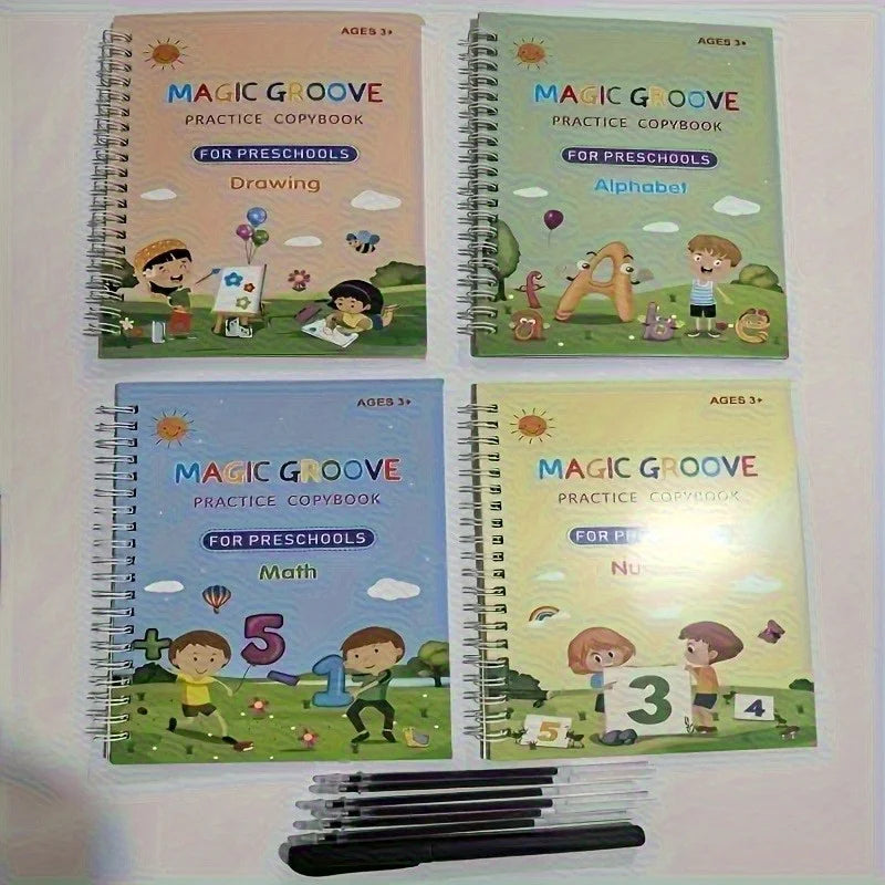 4PCS Reusable Magic Copybook Set for Kids – Alphabet, Number & Handwriting Practice Books