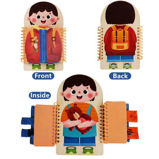 Front view of wooden busy board showing zipper and buckle panels for toddlers