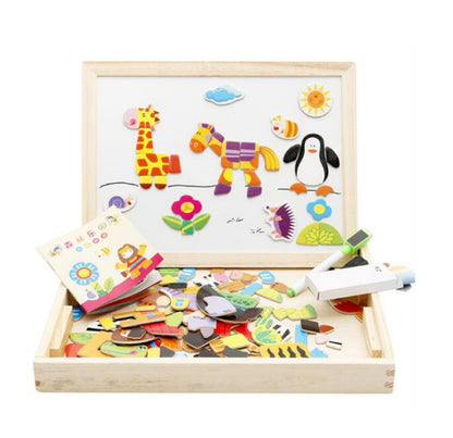 Magnetic art easel with animal puzzle stickers, double-sided drawing and chalkboard for kids ages 3-8