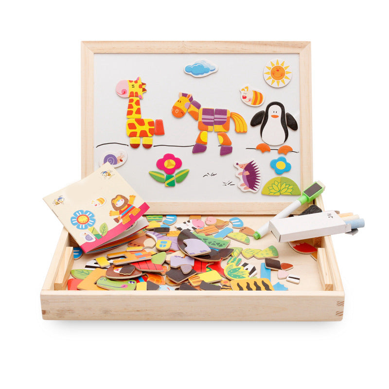 Magnetic art easel with animal puzzle stickers, double-sided drawing and chalkboard for kids ages 3-8