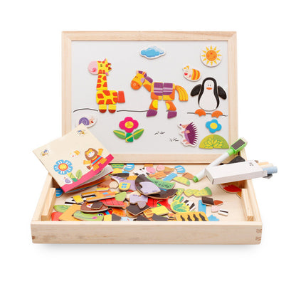 Magnetic art easel with animal puzzle stickers, double-sided drawing and chalkboard for kids ages 3-8