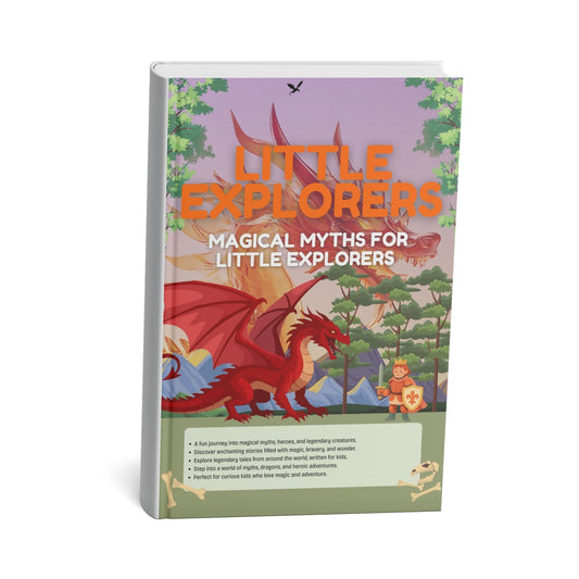 Book titled 'Little Explorers: Magical Myths for Little Explorers' with a dragon and fairy illustration on a white background.