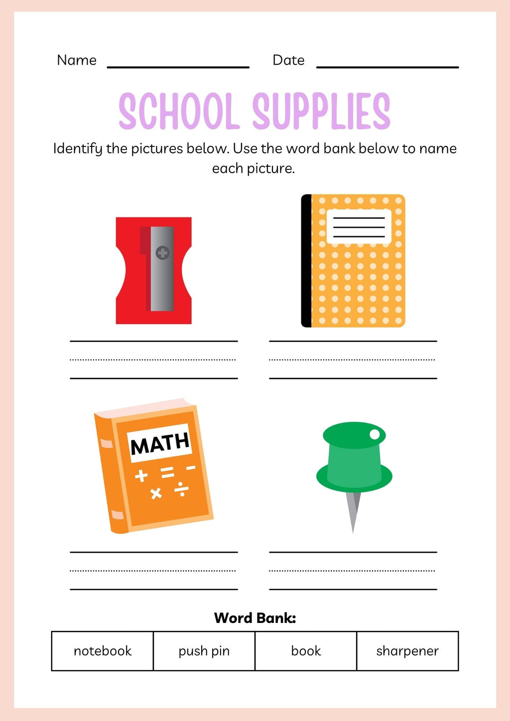 School Supplies ESL Workbook for Kindergarten Kids