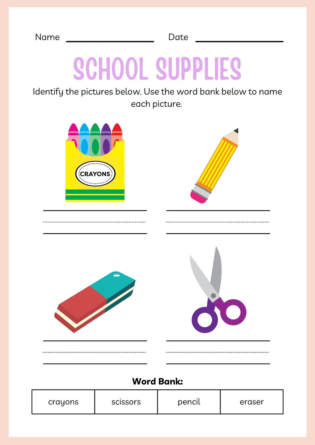 School Supplies ESL Workbook for Kindergarten Kids