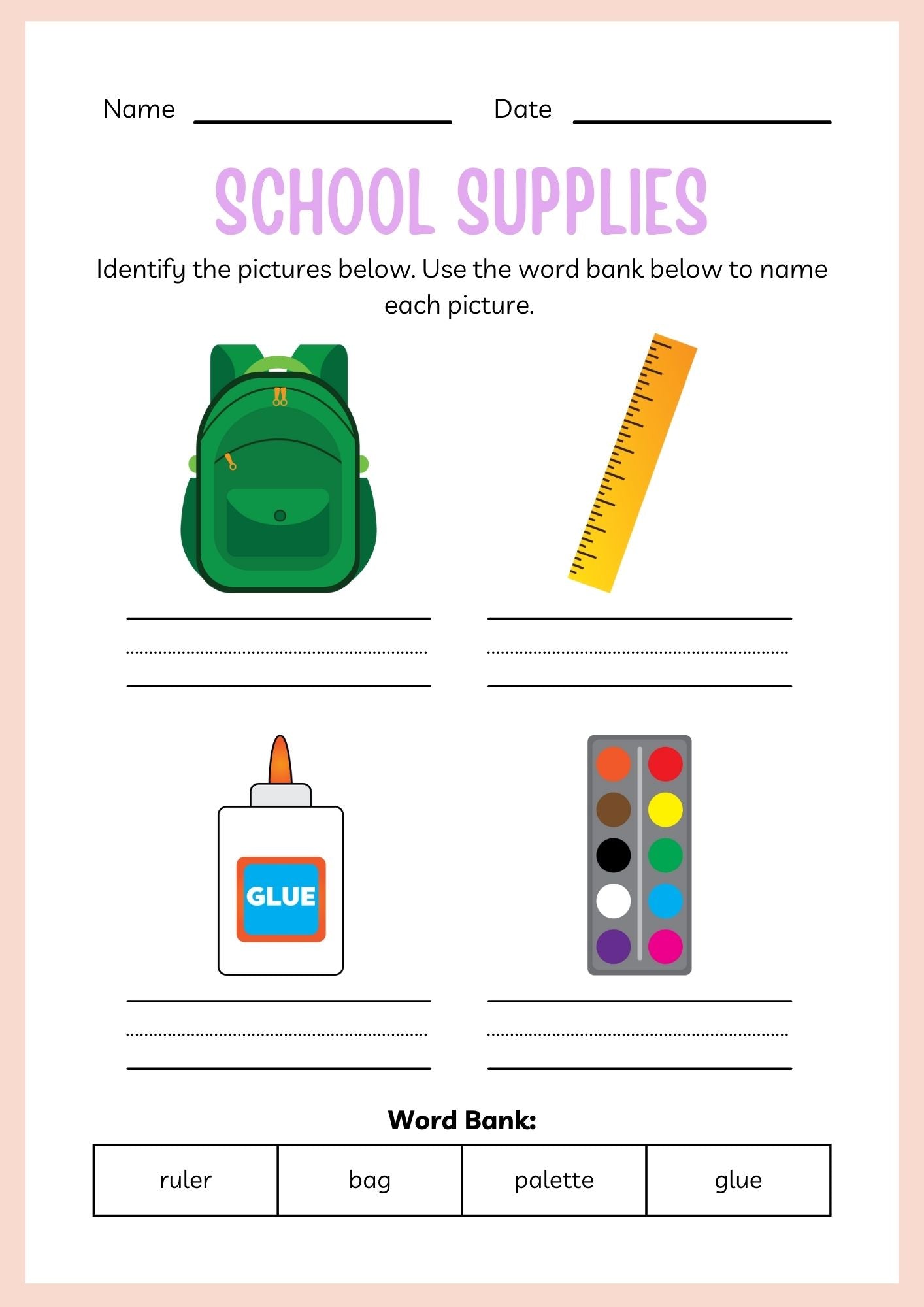 School Supplies ESL Workbook for Kindergarten Kids