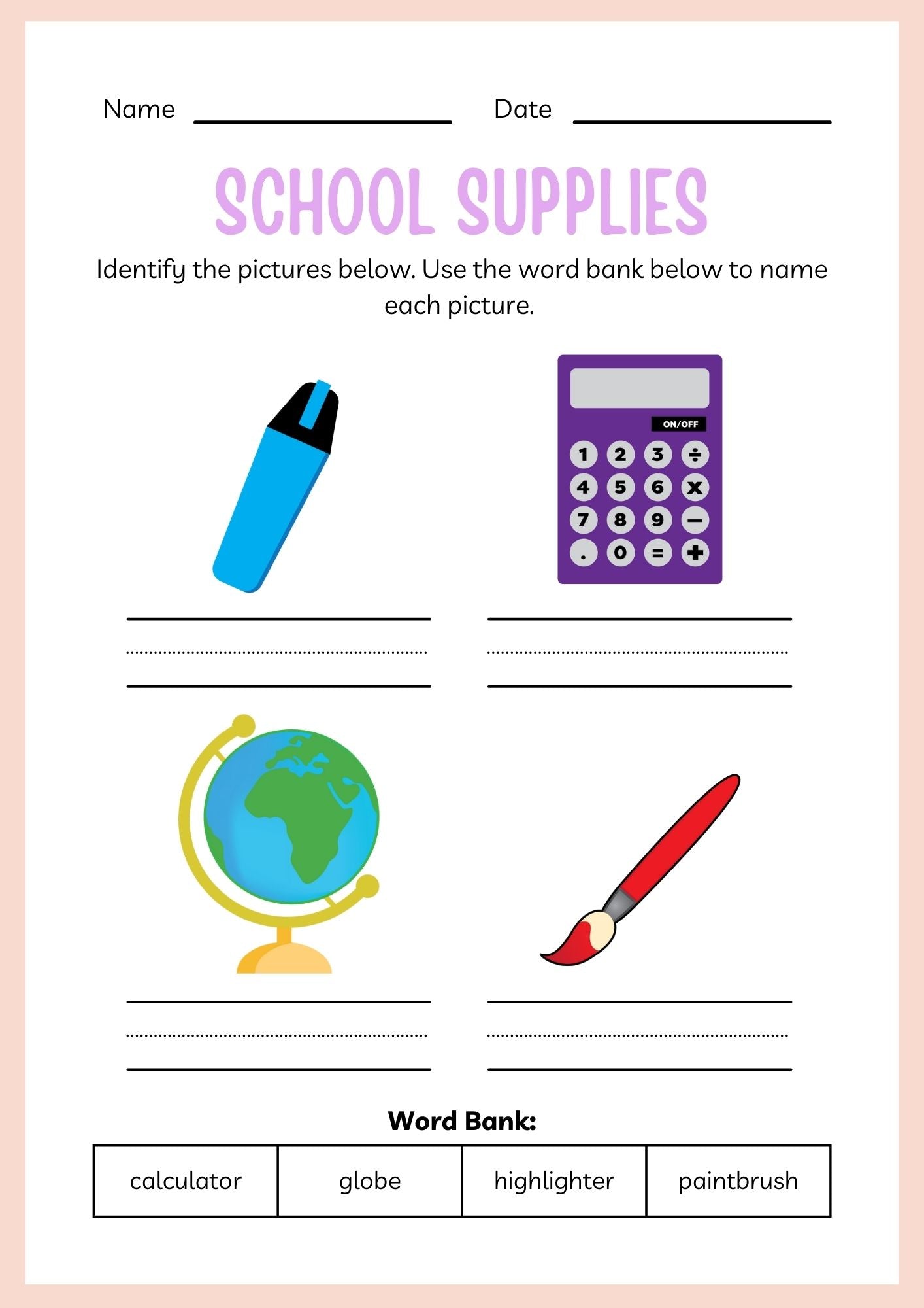 School Supplies ESL Workbook for Kindergarten Kids