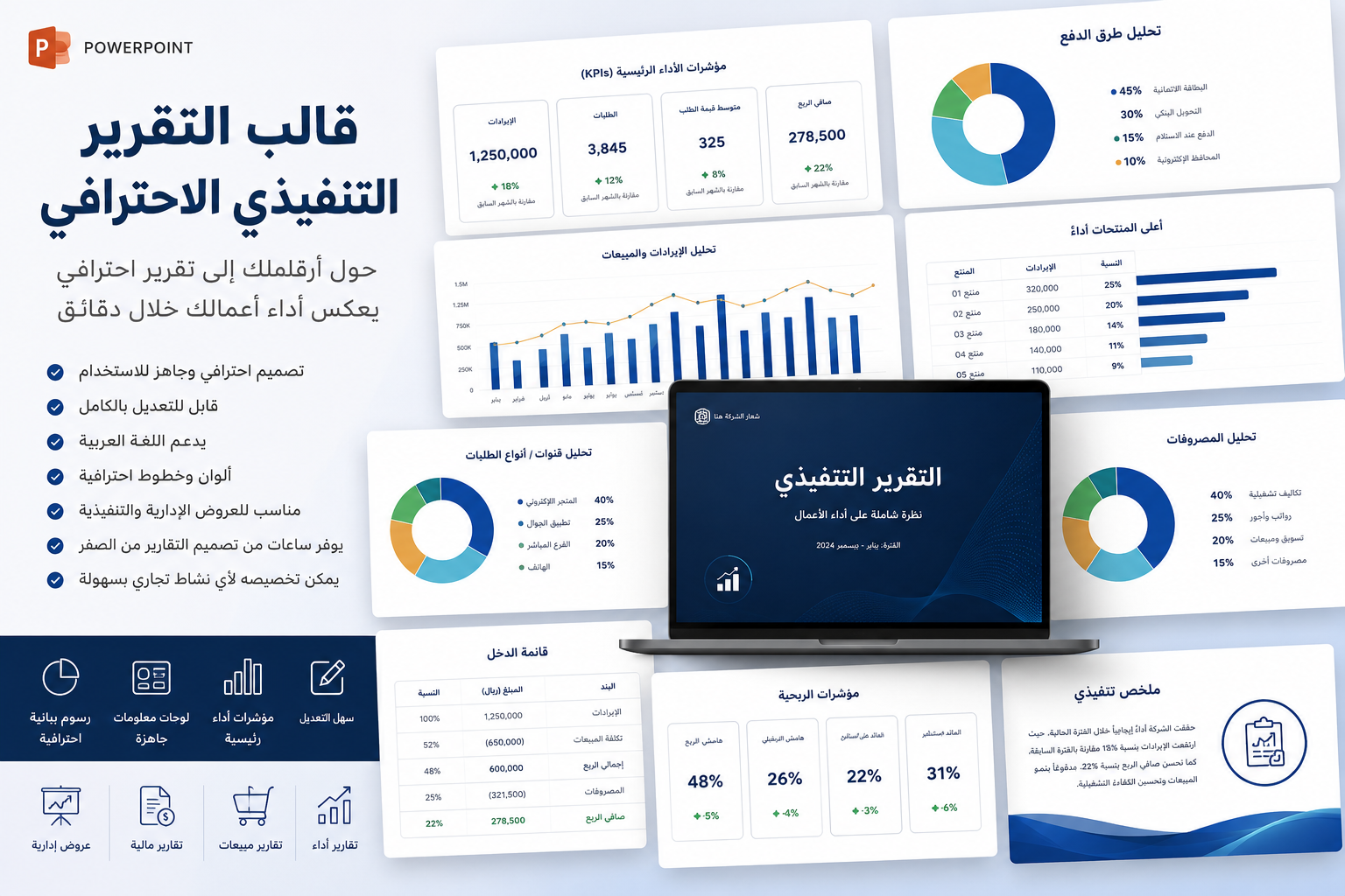 قالب التقرير التنفيذي الشهري والسنوي مع مؤشرات الأداء (PowerPoint)