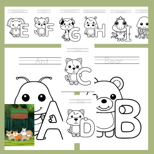 Coloring book page with alphabet letters and animal illustrations on a green background
