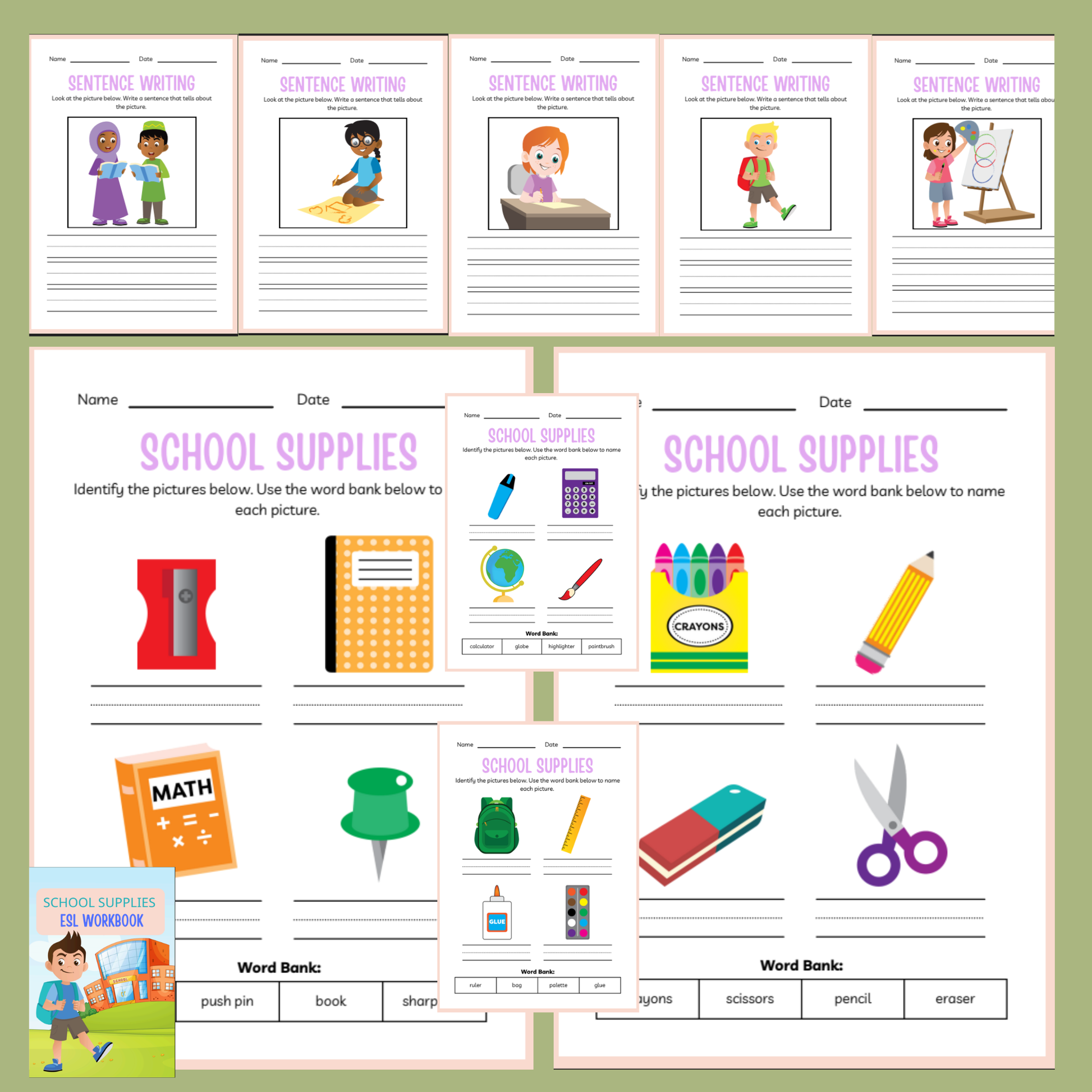 Educational worksheets for sentence writing and school supplies identification on a green background.