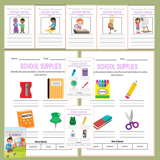 Educational worksheets for sentence writing and school supplies identification on a green background.