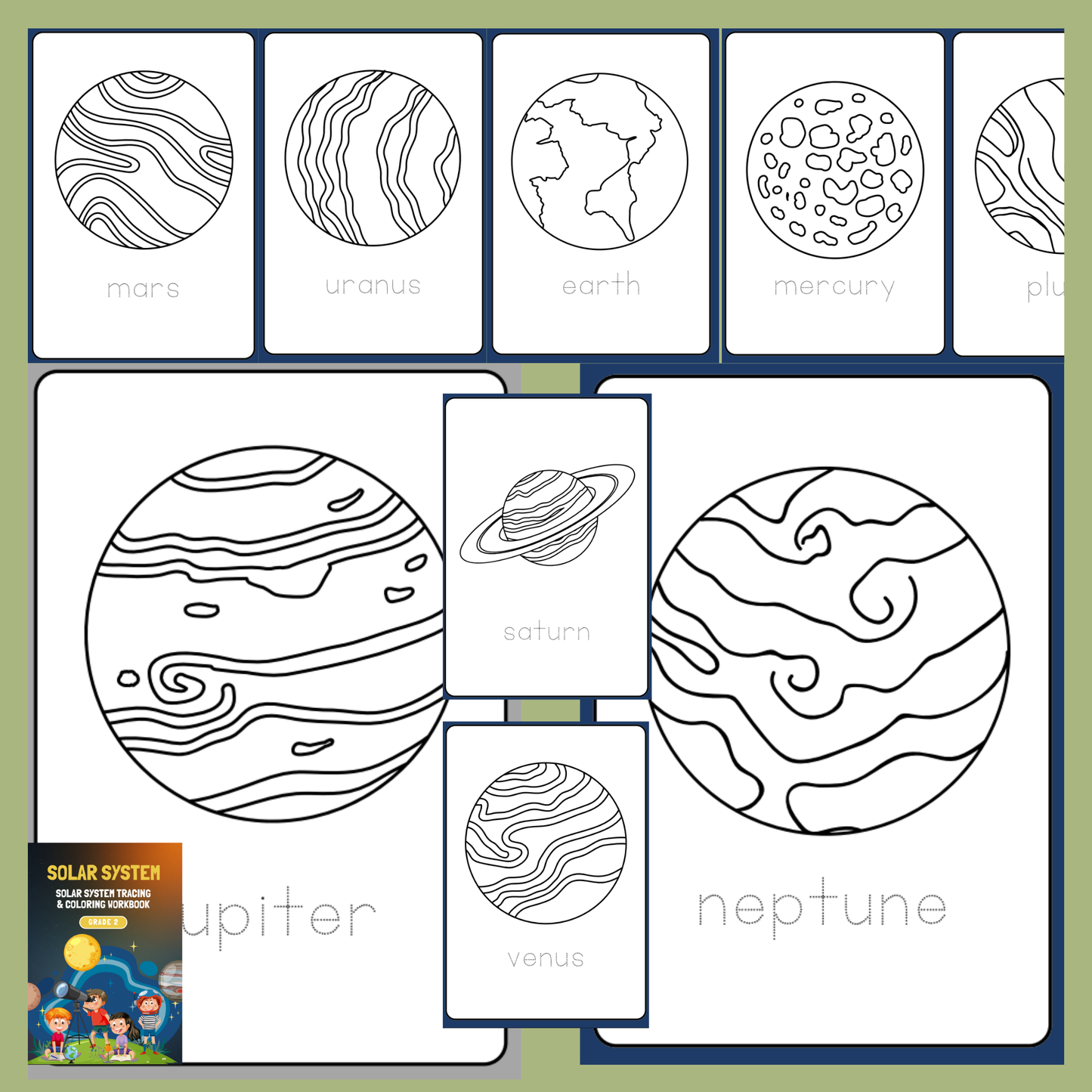Coloring book pages with outlines of planets on a green background