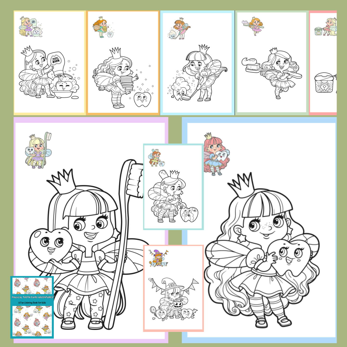Coloring book pages with cartoon characters and a toothbrush on a green border.