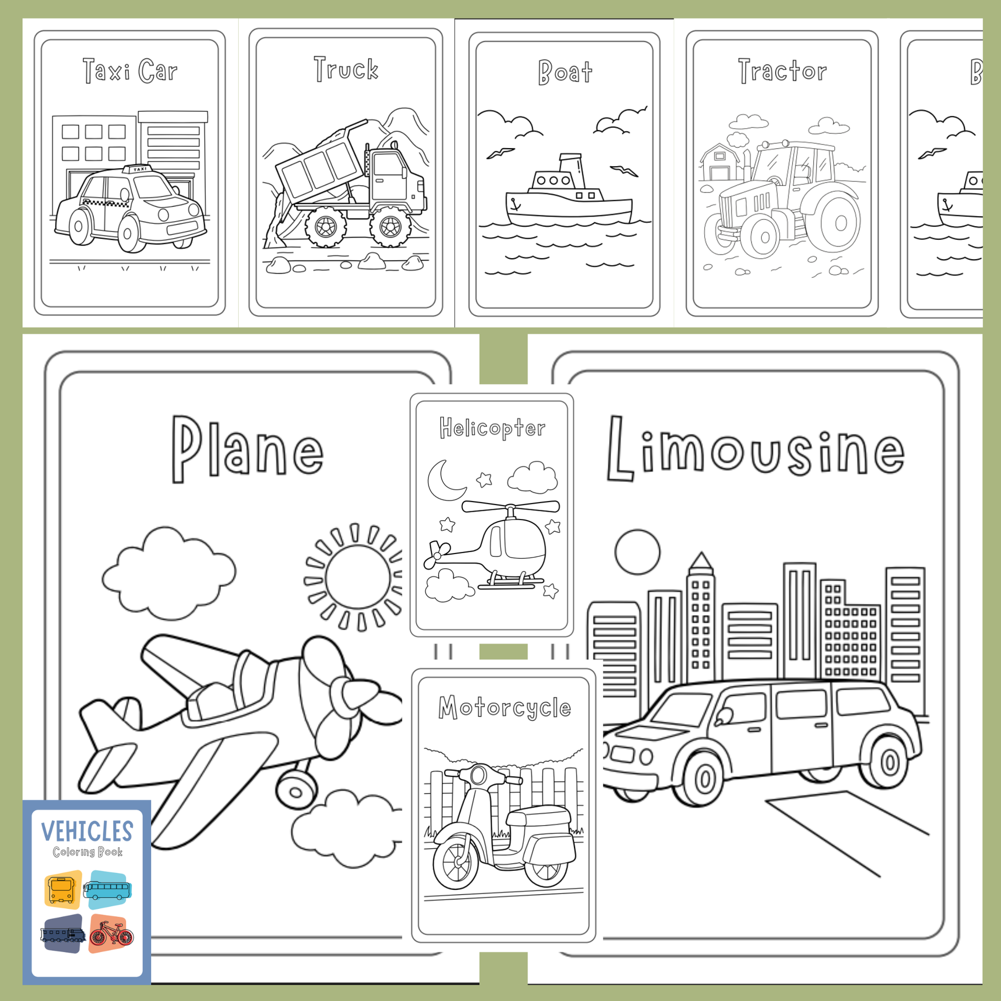 Coloring book page with various vehicles to color on a green border.