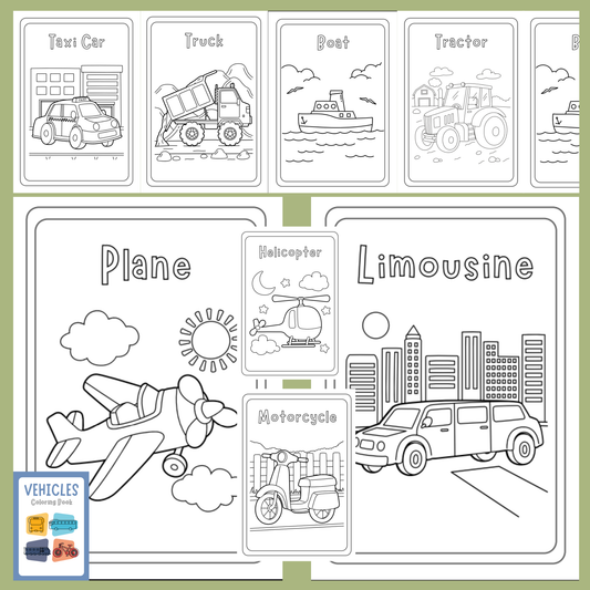 Coloring book page with various vehicles to color on a green border.