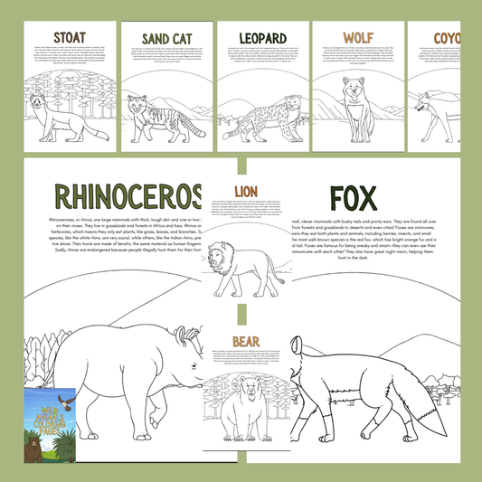 Coloring book pages with illustrations of animals and text on a green background