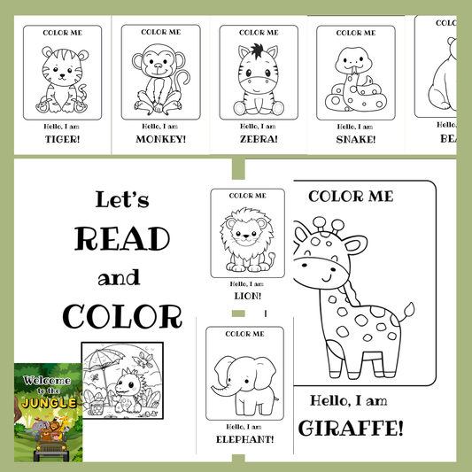 Coloring book with jungle animals and text prompts on a green background