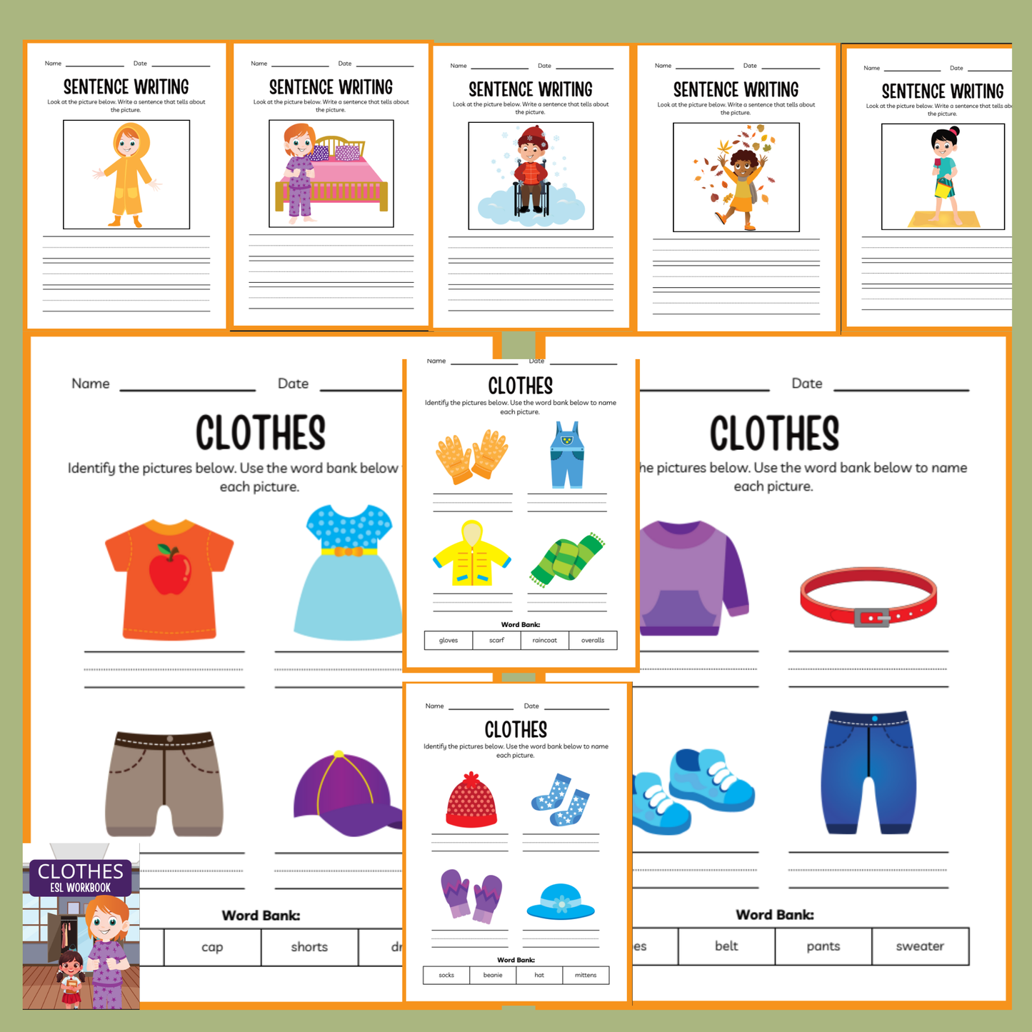 Educational worksheets for sentence writing and clothing identification on a green background