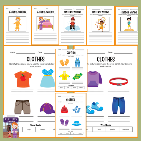 Educational worksheets for sentence writing and clothing identification on a green background