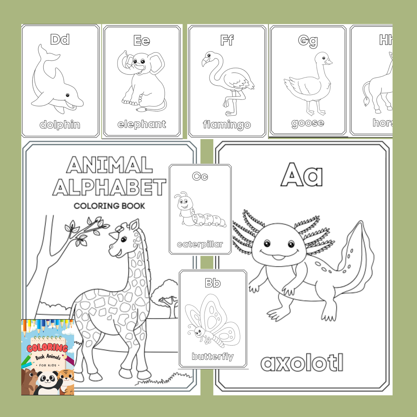Coloring book with alphabet and animal illustrations on a green background