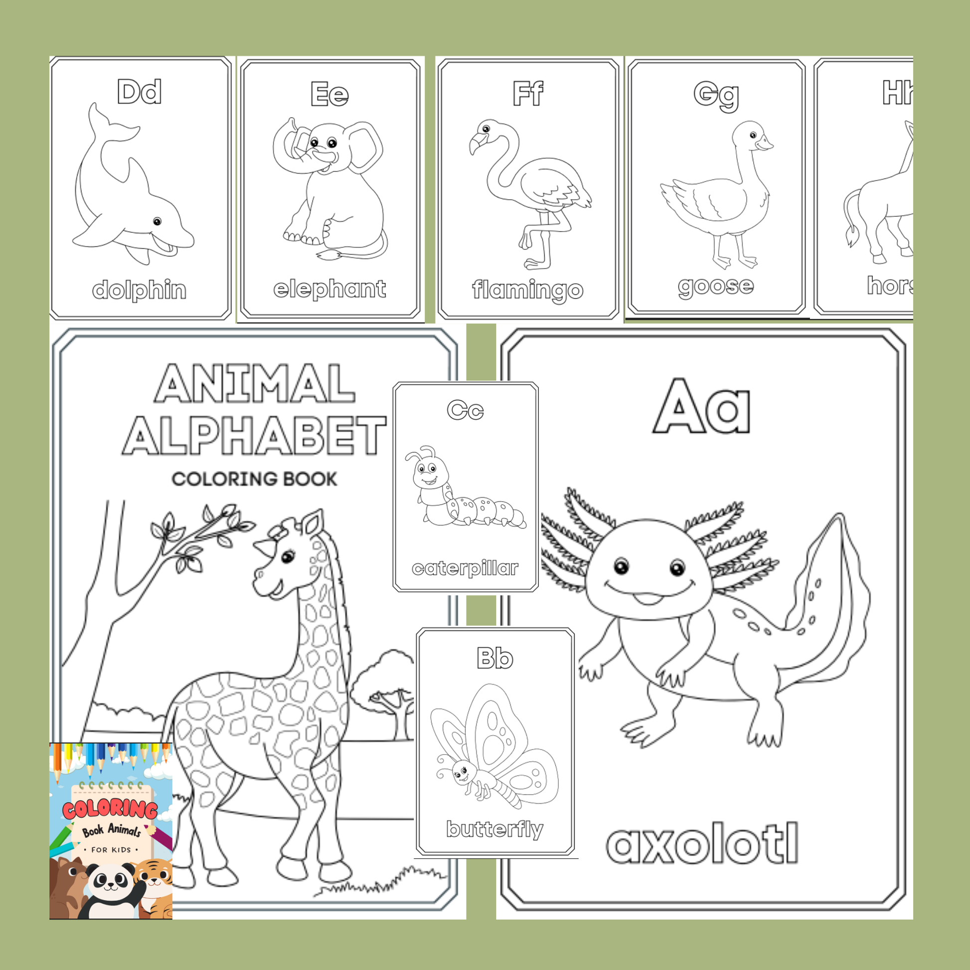 Coloring book with alphabet and animal illustrations on a green background