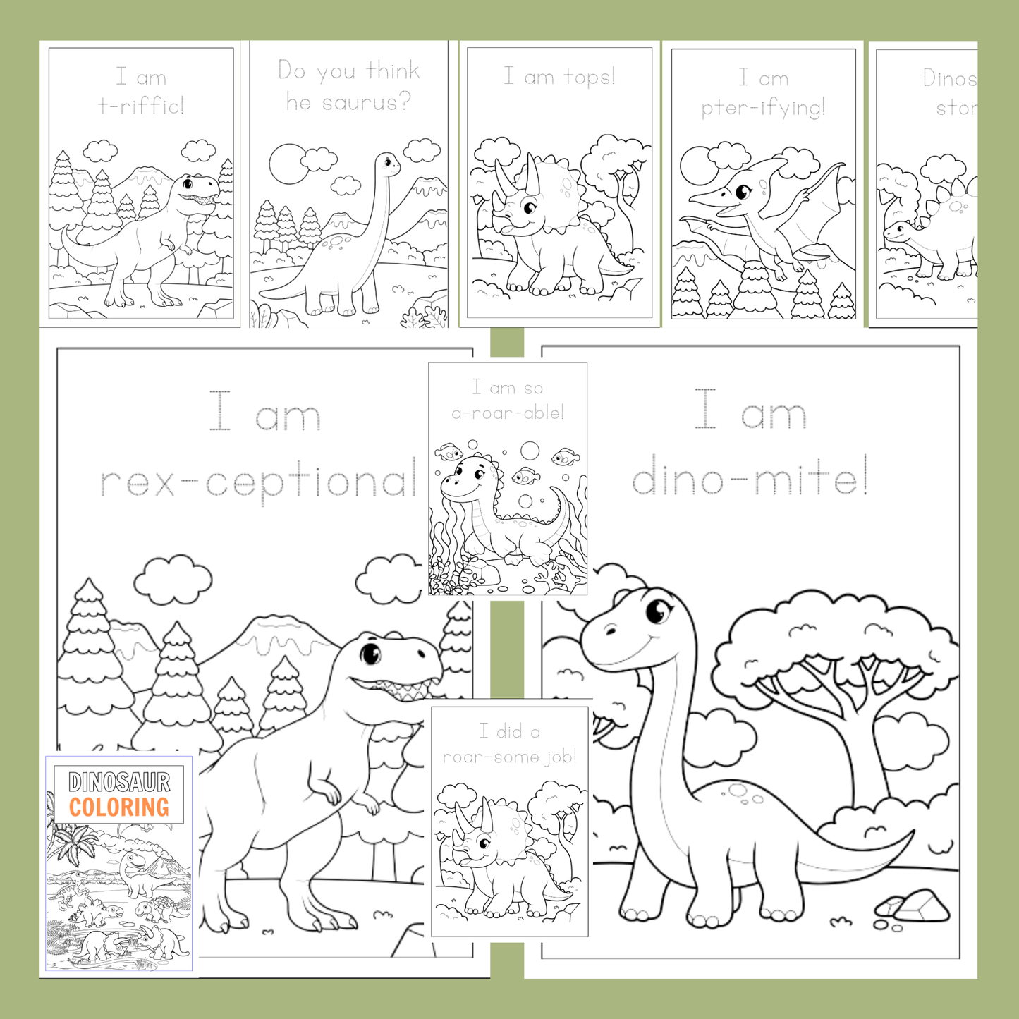 Coloring book pages with dinosaur illustrations and text on a green background