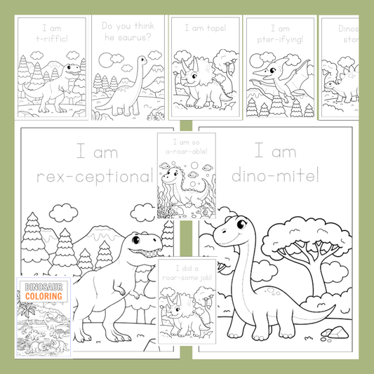 Coloring book pages with dinosaur illustrations and text on a green background