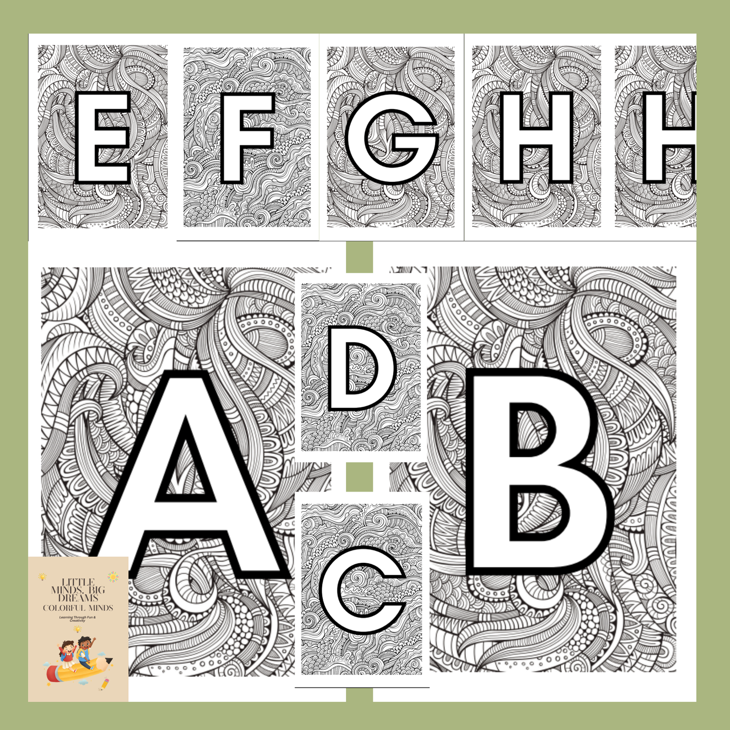 Coloring book with alphabet letters on a green background