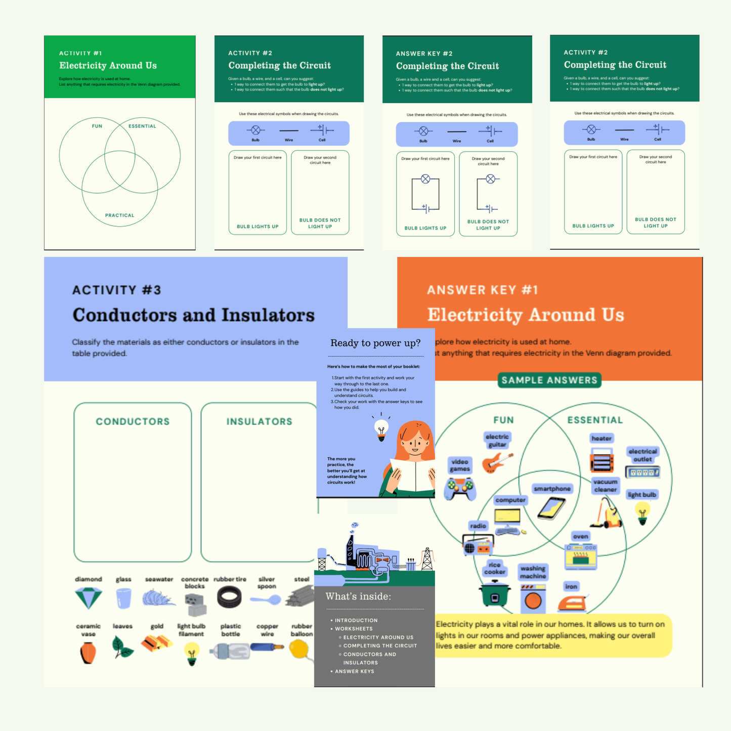 Educational materials on electricity with activities and answer keys.