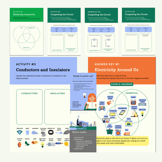 Educational materials on electricity with activities and answer keys.