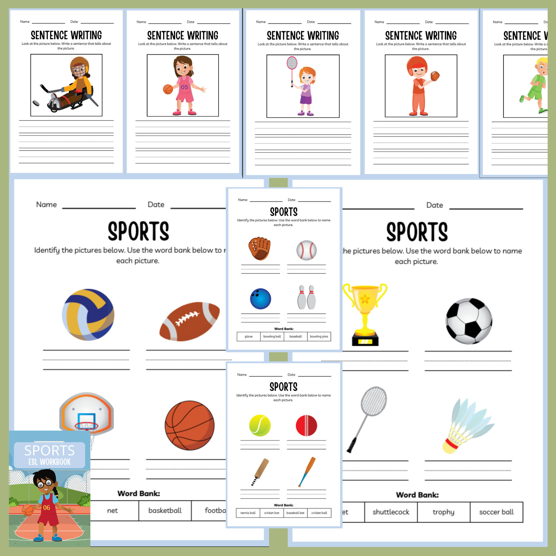 Educational worksheets on sports with pictures and word banks for sentence writing.