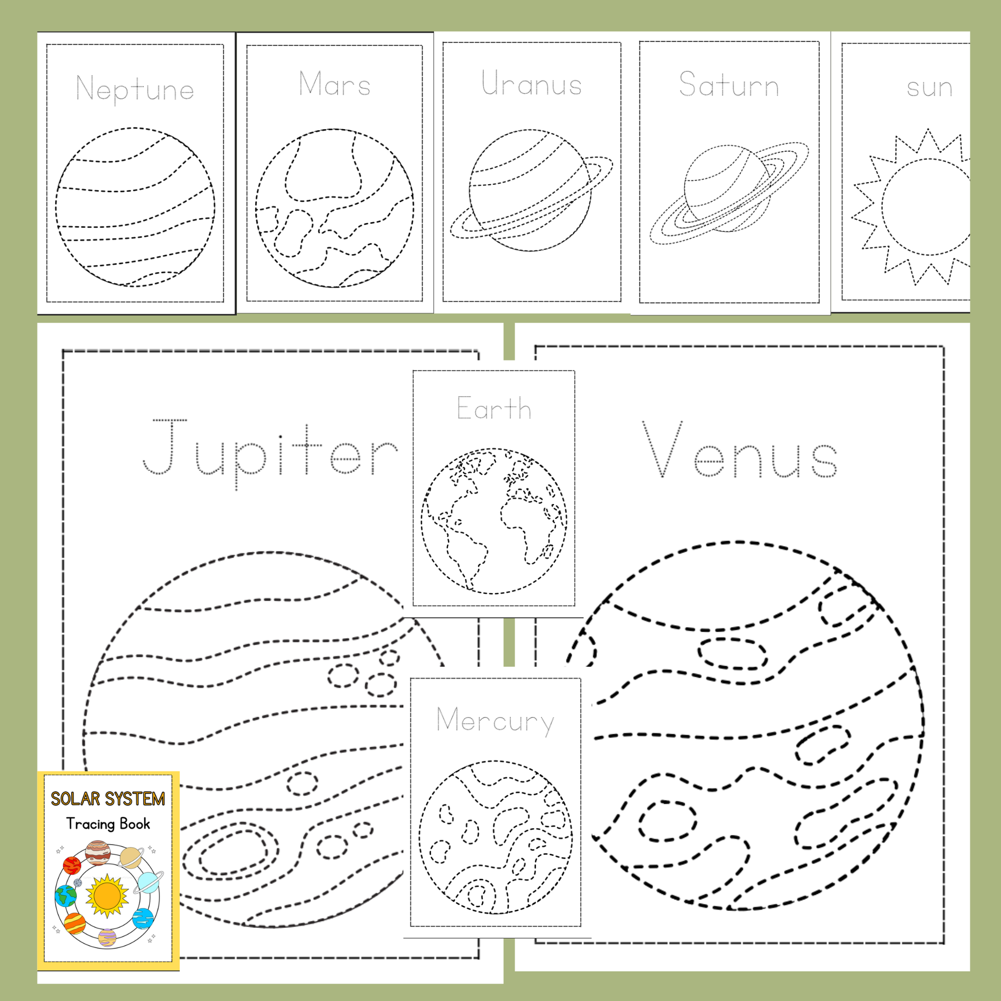 Solar system tracing book with planetary illustrations and labels on a green background.