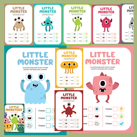 Set of 'Little Monster' educational posters with colorful monsters and number activities on a green background.