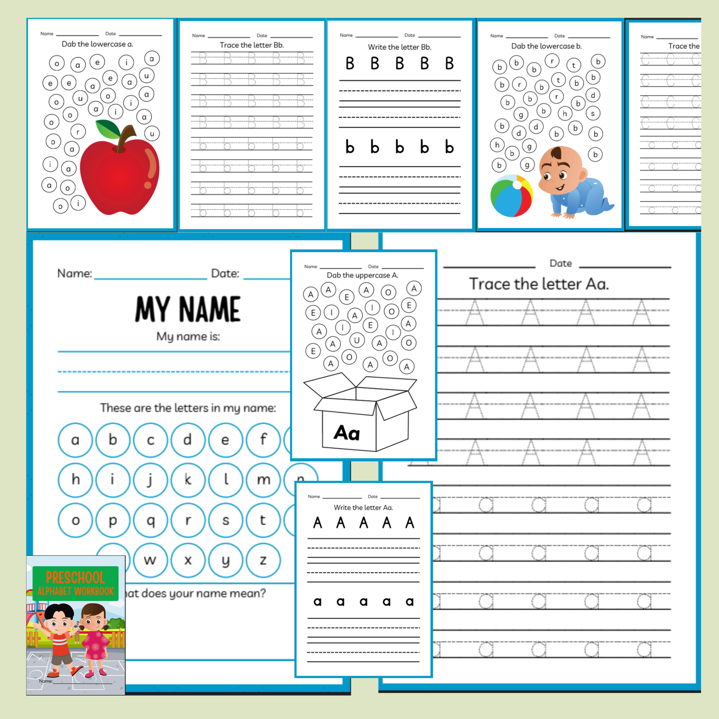 Collection of educational worksheets for children on a light green background