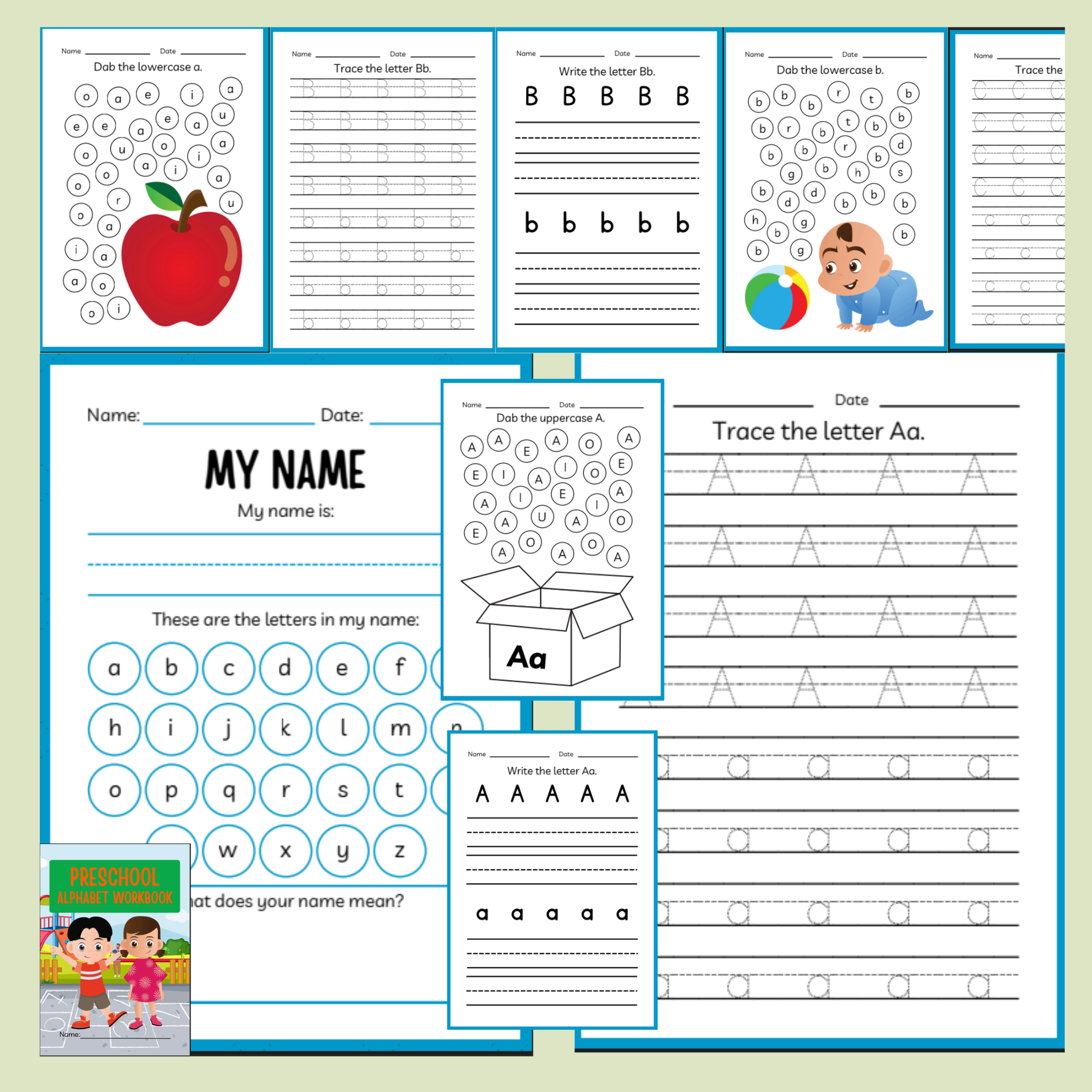 Collection of educational worksheets for children on a light green background