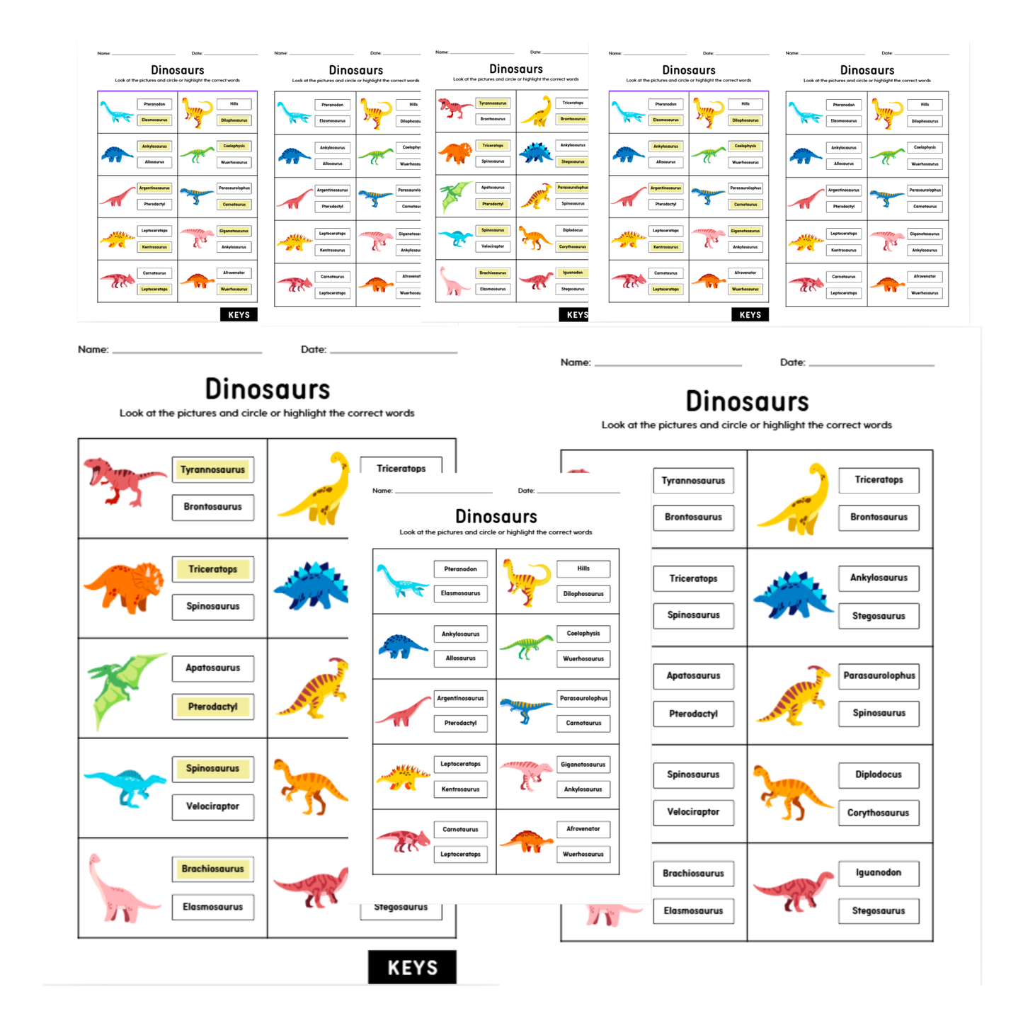 Colorful dinosaur matching worksheet for kids