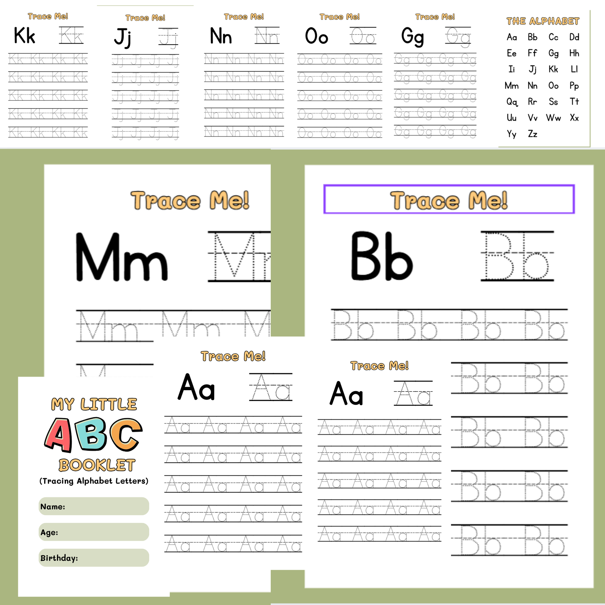 Alphabet tracing worksheet with letters M, B, A on a green background