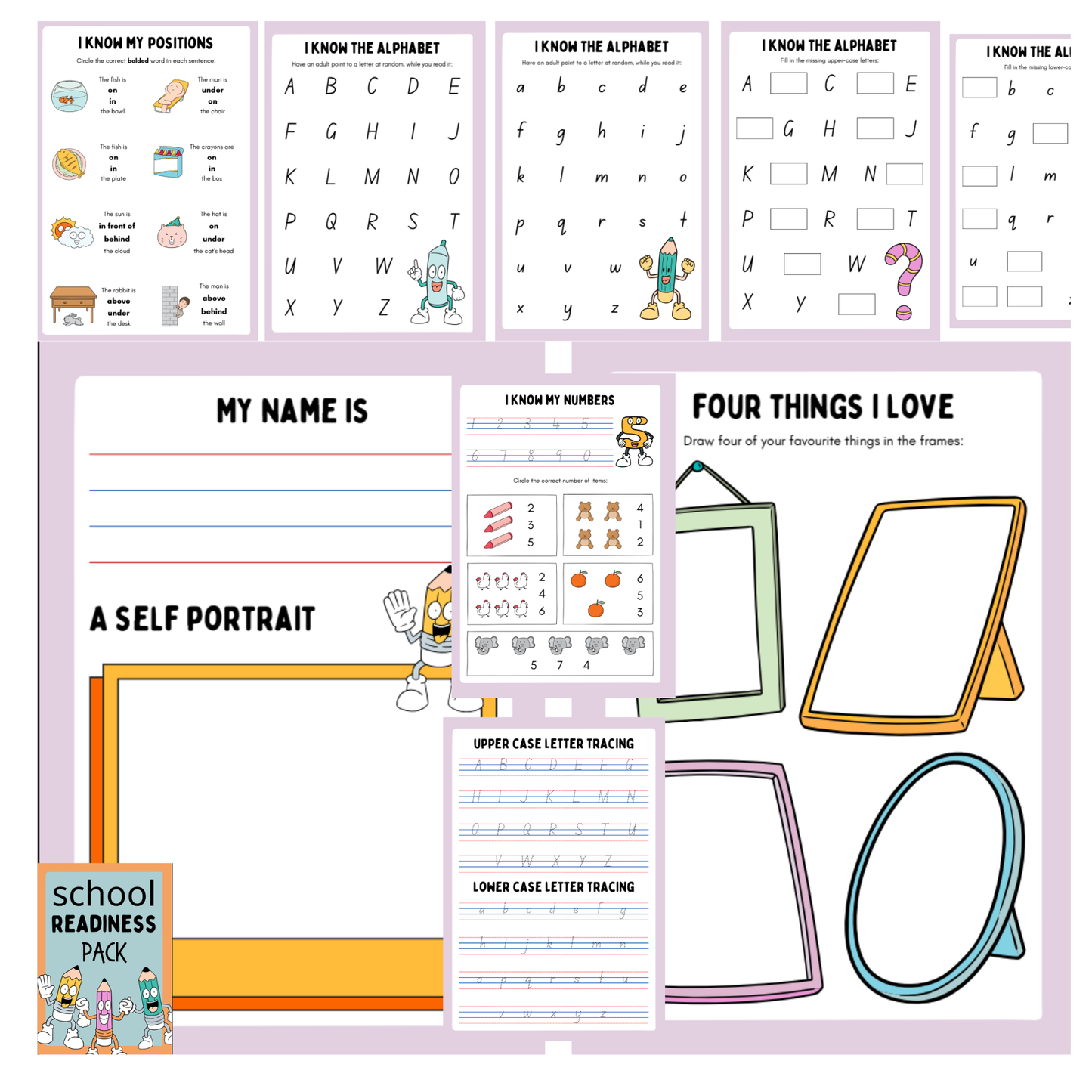 Collection of educational worksheets for school readiness on a purple background