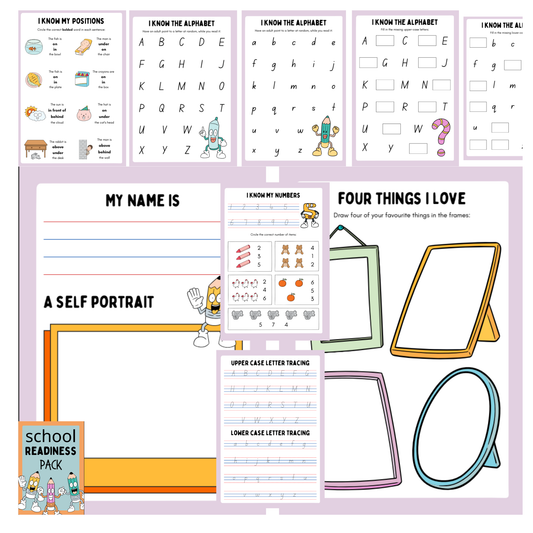 Collection of educational worksheets for school readiness on a purple background
