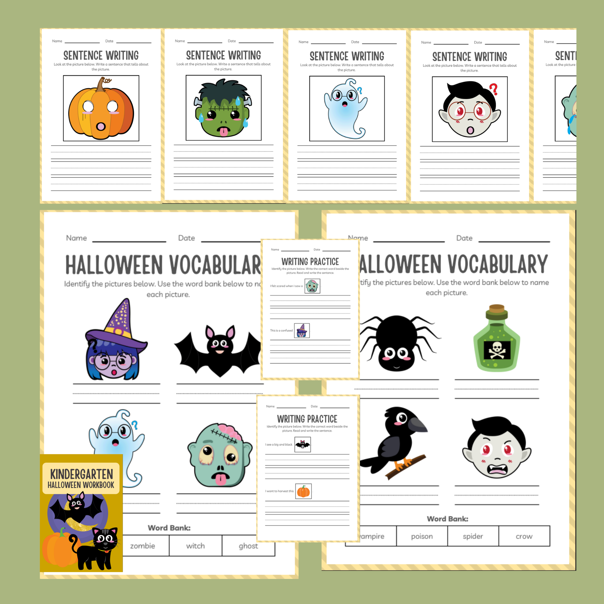 Halloween-themed educational worksheets on a green background