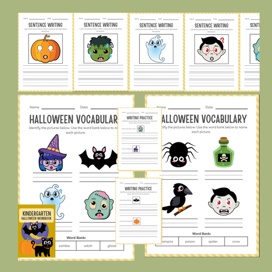 Halloween-themed educational worksheets on a green background