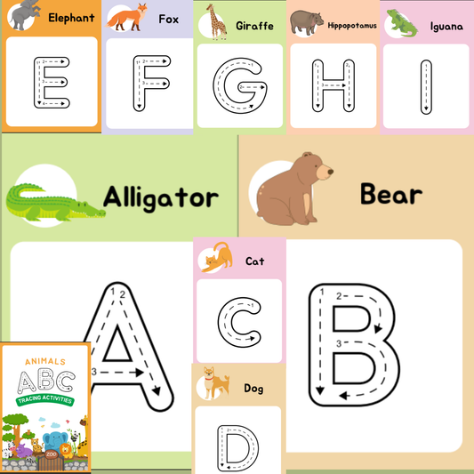 Educational children's poster with alphabet letters and animal illustrations.