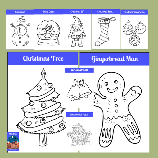 Coloring book pages with Christmas-themed illustrations on a green background.