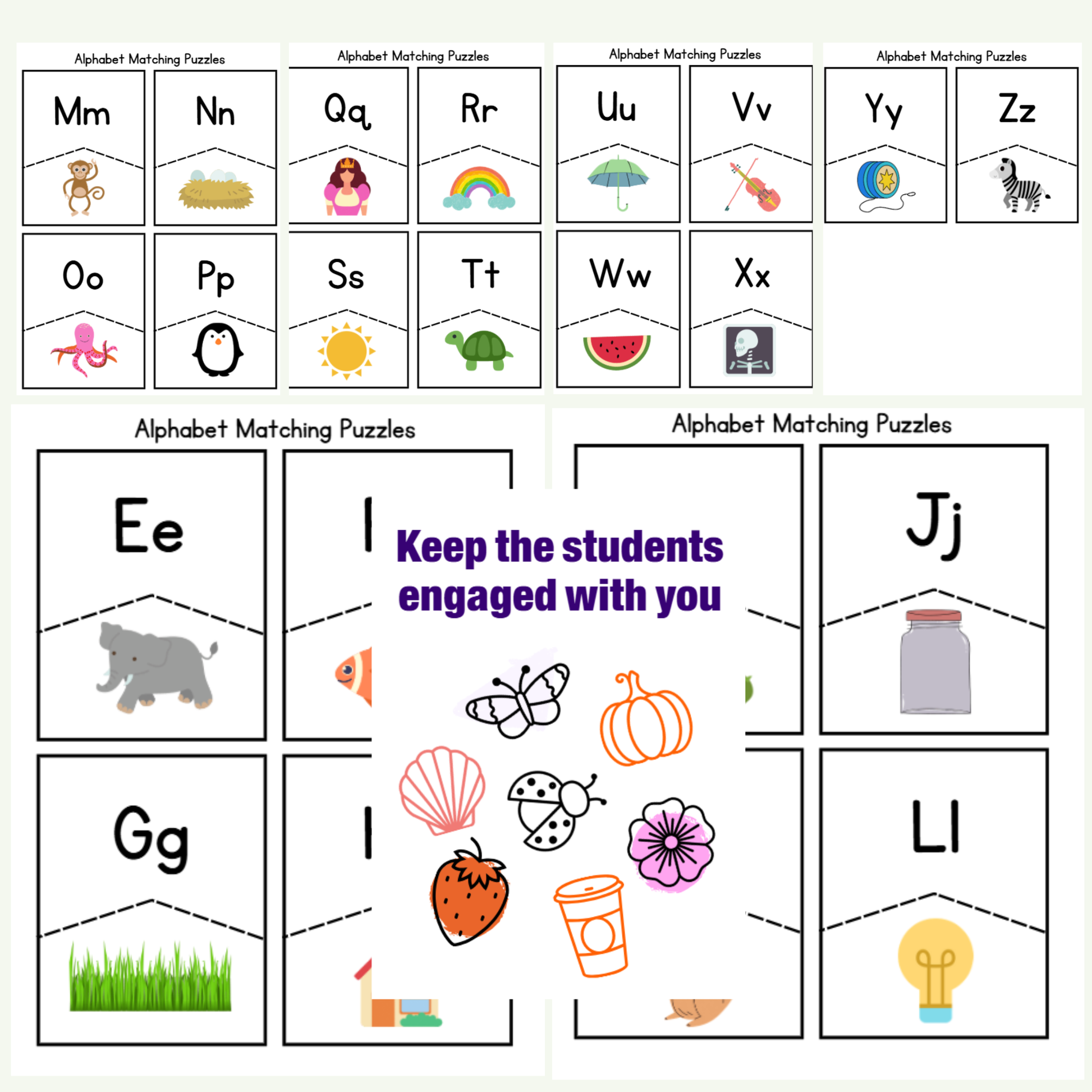 Printable alphabet matching puzzle cards A to Z for kids preschool learning activity