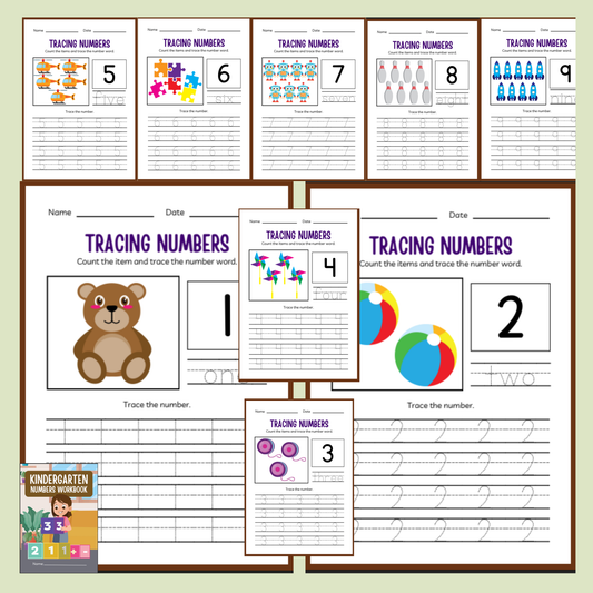 Collection of tracing numbers worksheets for kindergarten students on a light green background.
