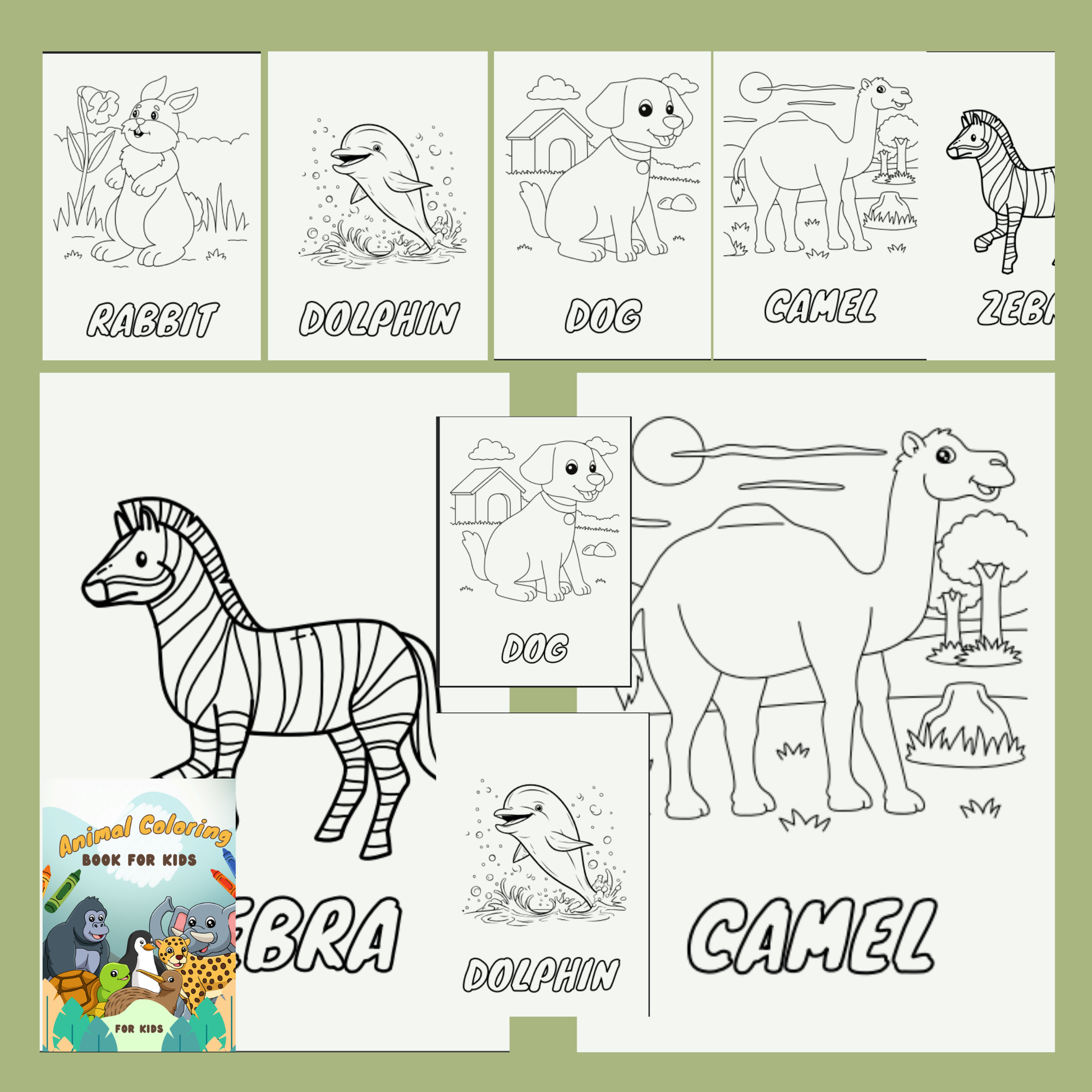 Coloring book pages with various animals and their names on a green background.