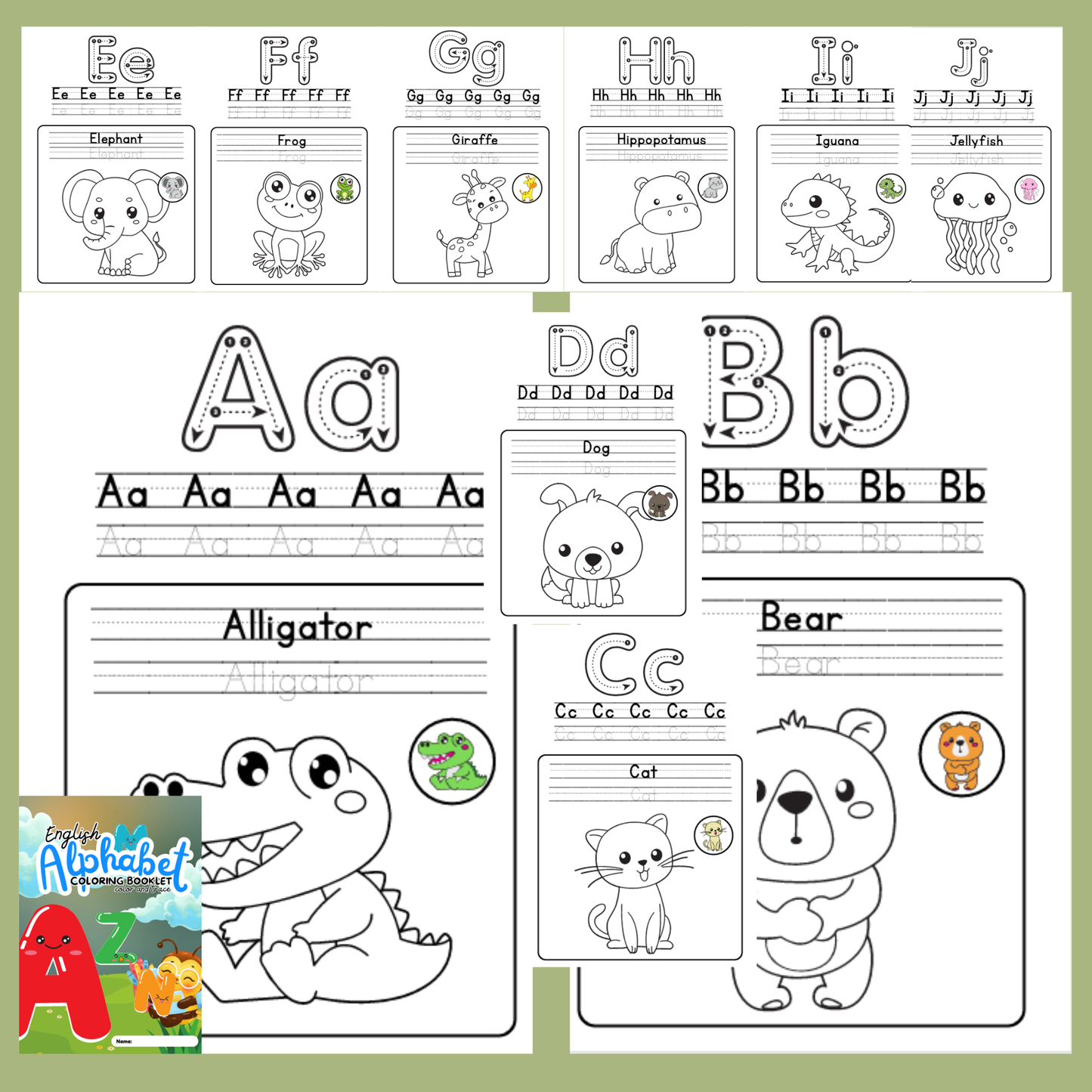 Educational alphabet coloring pages with animals and letters on a green background
